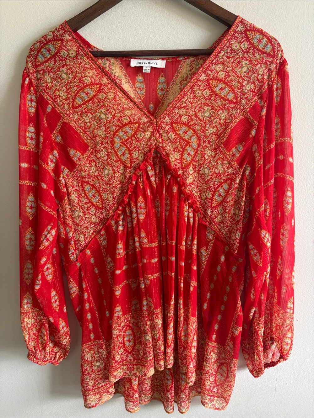 Rose + Olive Boho Babydoll Tunic Top Large Coral Paisley